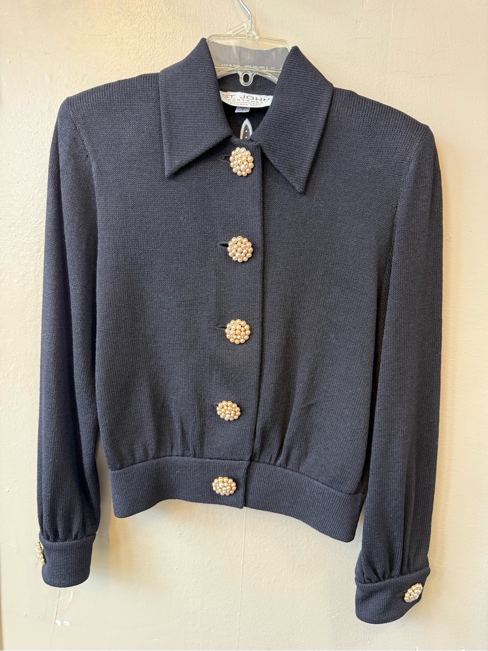 St. John Sportswear Marie Gray Black Pearl Beaded Knit Sweater Size P